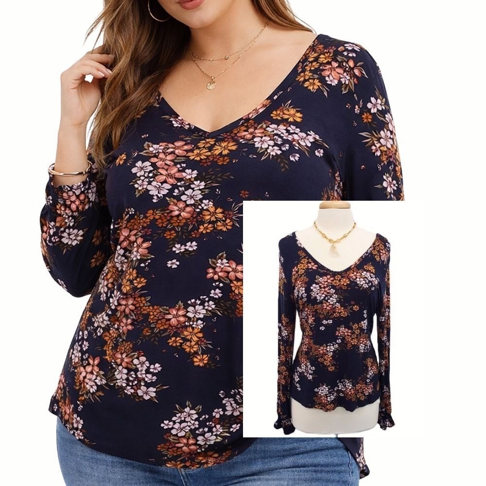 Womens L Navy Floral Long Sleeve Boho Knit Top With Ruffle Cuffs Casual Wear